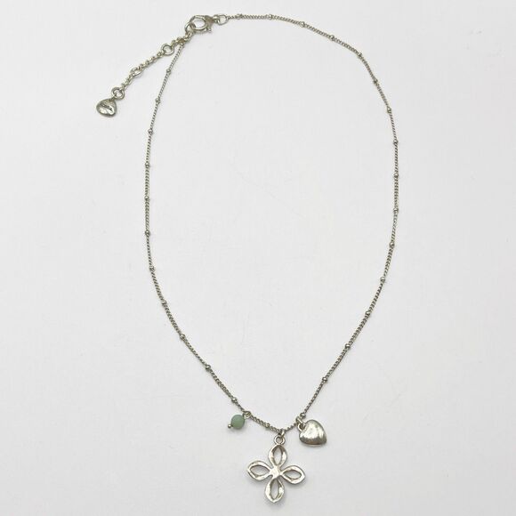 Fossil Necklace Silver Tone Flower Pendant Heart Bead Charm Boho Chic Jewelry - Picture 5 of 8